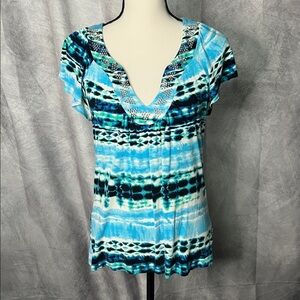 AB Studio Blue, Aqua, Green, Black and White Flutter Sleeve Top - size Small